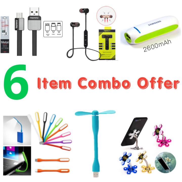 Mobile Accessories combo pack  (6 Item)- Headphone+Mini power bank+USB cable+USB fan+USB light+Mobile stand
