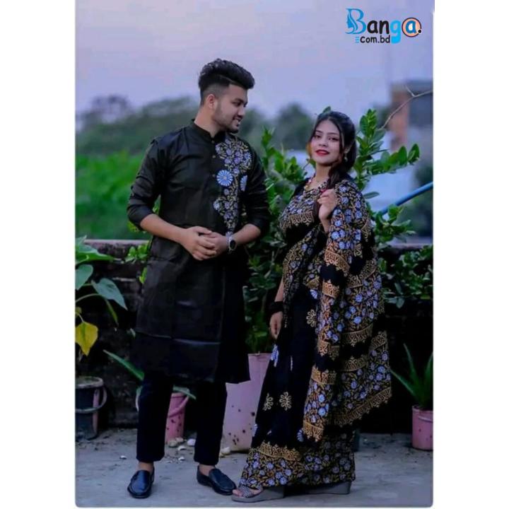 Exclusive Designer Block Print Half Silk Saree & Dhupian Silk Panjabi Combo For Couple Stylesh & fashionable best couple for man and women