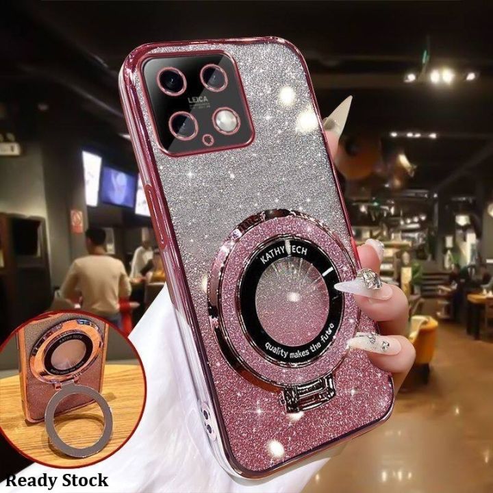 Phone case For Xiaomi 14 / 14 Ultra Back cover with Stand Holder Luxury Shiny Gradient Plating Glitter Girls Slim Phone Case Clear Soft Silicone Protective Cases Pouch Women
