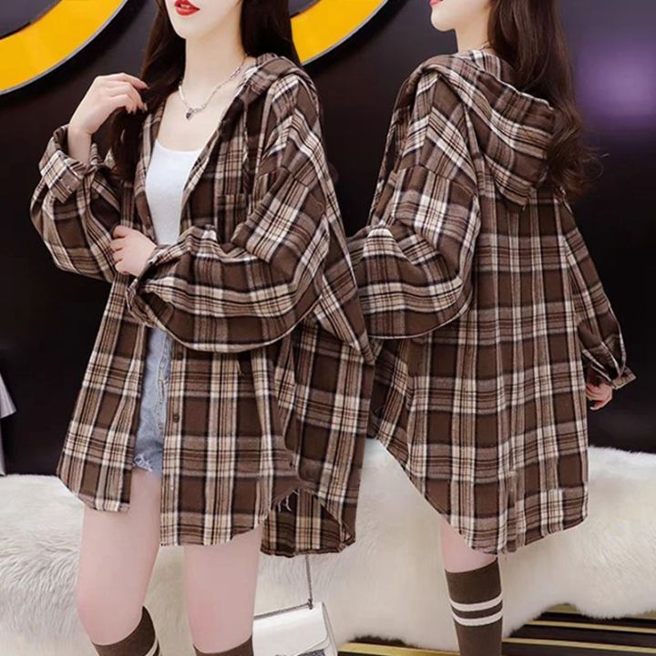 Hooded%20Plaid%20Shirt%20Women's%20New%20Loose%20Casual%20Korean%20Style%20Lazy%20Style%20Long%20Sleeve%20Top%20Coat%20-%20Image%202