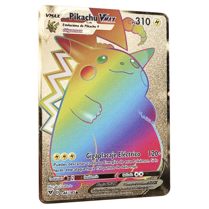 【Yibei Fairy Tale Toy City】Rainbow Pikachu Vmax Golden Pokemon Cards in Spanish Iron Metal Pokmo Letters Gift Game Collection Cards ESPANOL