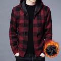 Men Sweater Jacket Fashion Winter Coat Fleece Hoodies High Quality Luxury Checkered Hooded Knit Cardigan Male Outer Wear. 