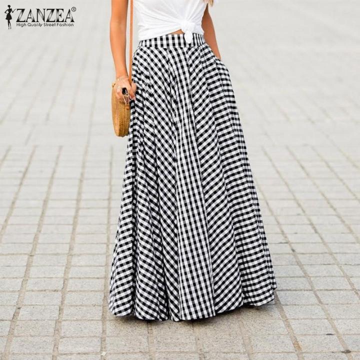 ZANZEA Women's High Waist Plaid Check Long Maxi Skirts Full Length