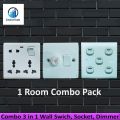 Combo 3 in 1 Wall Gang Swich, 8 Pin Gang Socket, Gang Dimmer- 1 Room Combo Pack. 