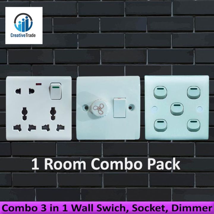 Combo 3 in 1 Wall Gang Swich, 8 Pin Gang Socket, Gang Dimmer- 1 Room Combo Pack