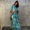 Plus Size Boho Cover Up Loose Dress Women Summer Tie Dye Kaftan Print Striped Bat Sleeve V Neck Split Maxi Beachwear Dress House Foocus.