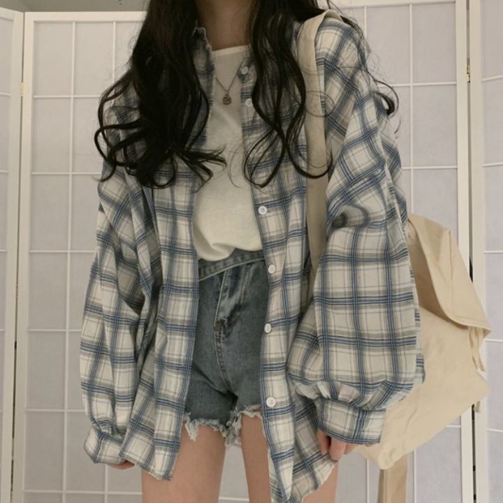 2021%20Plaid%20Shirt%20Women's%20Loose%20Korean-Style%20Mid-Length%20Retro%20Hong%20Kong%20Style%20All-Matching%20bf%20Long%20Sleeve%20Sun%20Protection%20ins%20Fashionable%20Coat%20-%20Image%202