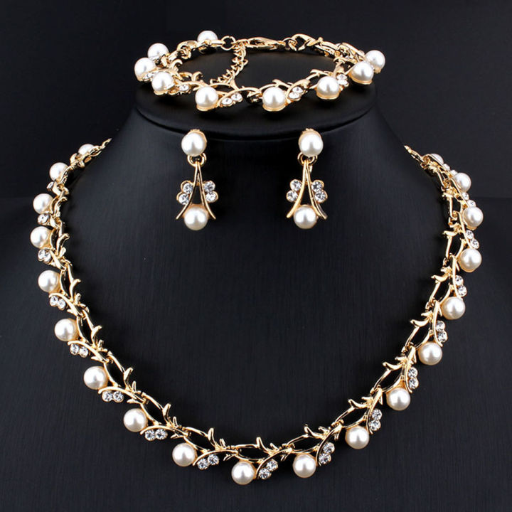 【DM bag factory Store】Faux Pearl Rhinestone Necklace Earrings Bracelet Bridal