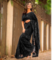 Indian Weightless Georgette Saree Black Color High Quality Embroidery Work On Blouse - A Touch of Opulence and Grace - Sari.