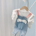 Girls autumn wing denim bib pants bib pants pink bib jeans foreign jeans E17. 