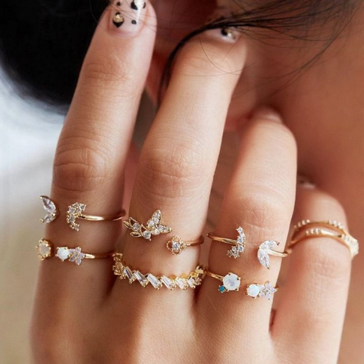 5Pcs/10Pcs%20Imitation%20Pearl%20Leaf%20Flower%20Rings%20Set%20For%20Women%20Rhinestone%20Butterfly%20Finger%20Ring%20Metal%20Knuckle%20Finger%20Ring%20Jewelry%20-%20Image%202