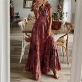 Women Floral Print Casual Dress Summer Elegant V-neck Pleated Vintage Bohemian Maxi Dresses Female Big Swing Holiday Long Dress. 