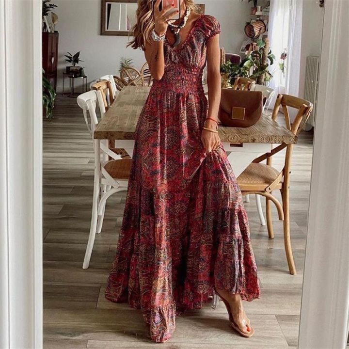 Women%20Floral%20Print%20Casual%20Dress%20Summer%20Elegant%20V-neck%20Pleated%20Vintage%20Bohemian%20Maxi%20Dresses%20Female%20Big%20Swing%20Holiday%20Long%20Dress%20-%20Image%202