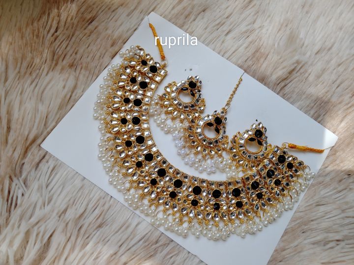 Black Stone Choker Necklace Set With Earring tikl For Women