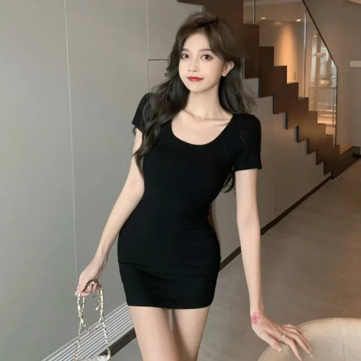 Women's%20U%20Neck%20Summer%20Dress%20High%20Waist%20Pure%20Color%20Slim%20Waist%20Short%20Sleeve%20Hip%20Dress%20Elegant%20-%20Image%203