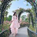 Women's Bubble Sleeves Pink Formal Occasion Evening Dress Elegant and Beautiful Retro Fragmented Flowers Sweet Mid Length Dress.