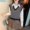 Vest Vest Autumn Women's New Design Sense Niche Wear Knitted Striped Loose V Collar Fake Two Pieces Shirts. 