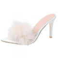 Women Slippers High Heels Fur Stiletto Peep Toe Mules Ladies Indoor Rubber Zapatillas Mujer Pointed Red Summer New Shoes.
