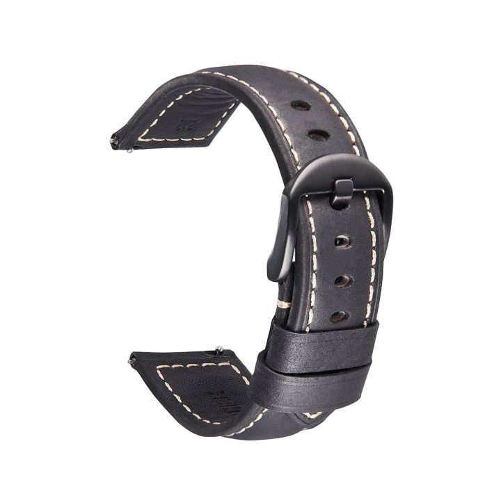 (New)Quick Release Watch Band Crazy Horse Leather Retro Watch Band For Samsung Huawei,Size: 24mm (Black And Black Buckle)