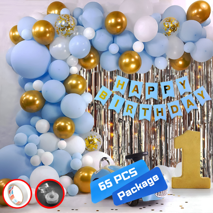 Light Blue Birthday Combo Pack - Including Card Banner, Backdrop Curtains, Metallic Balloons, and Deco Kit - Full Package (65 Pcs)