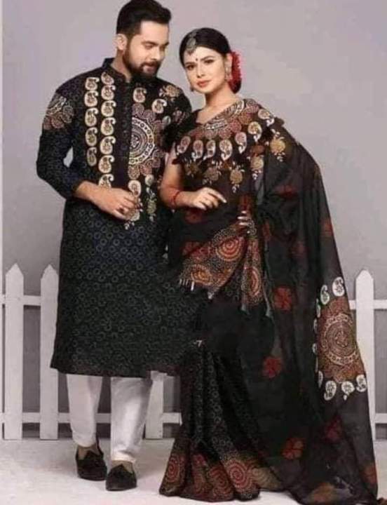New Designer Block Print Half Silk Share And Dhupiyan Cotton Panjabi For Combo Couple set For Man And Women
