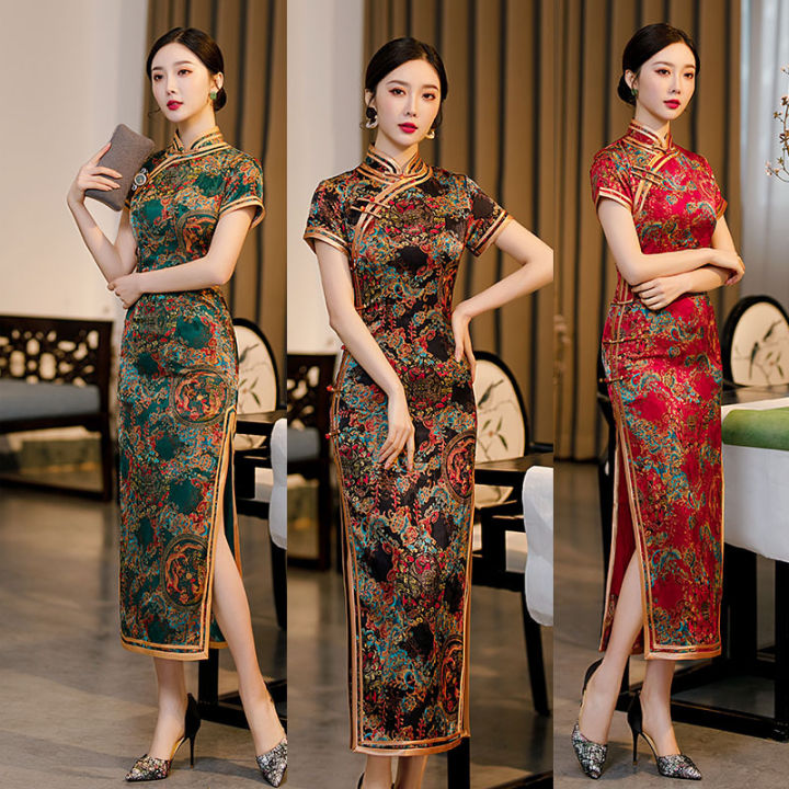 306%20multi-color%20Gu%20Shengjiao%20spring%20and%20summer%20new%20Chinese%20style%20imitation%20flower%20Luo%20long%20retro%20slim%20modified%20mom%20dress%20cheongsam%20-%20Image%204
