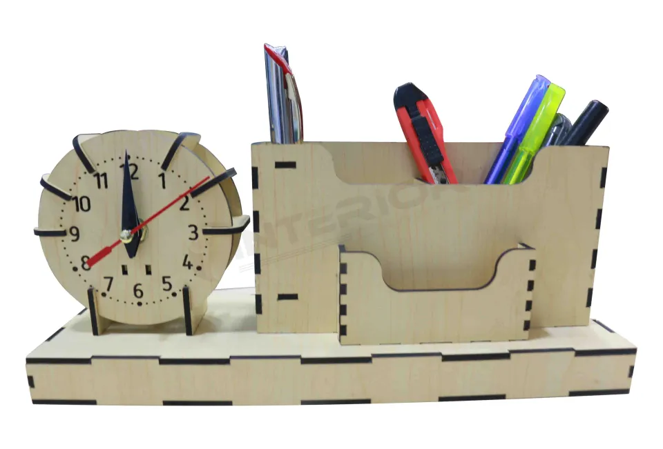 Wooden Pen/Pencel Multi Desk Organizer Card Holder With Clock