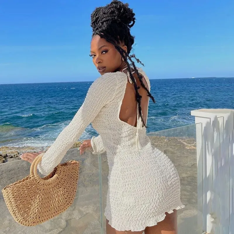 CUTENOVA Summer Autumn Backless Dress Bodycon Long Sleeve White Women  Casual Dresses Beach Party Club