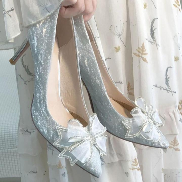 Crystal Bow High Heels Women's Stiletto Heel Fairy Style Maiden Bridesmaid Wedding Shoes Xiuhe Wedding Dress Two-Way Wear