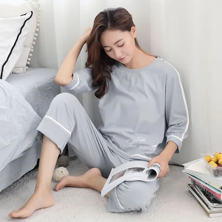 Mengzhiteng%20Korean%20Style%20Japanese%20Style%20Pajamas%20Women's%20Summer%20and%20Autumn%20Cotton%20Cropped%20Sleeves%20Pullover%20Outerwear%20Homewear%20Suit%20-%20Image%204