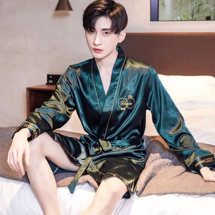 Casual Men s Silk Night Robe Pajamas Ice Silk Thin Korean Set with Shorts Summer Embroidered Home Wear Daraz .bd