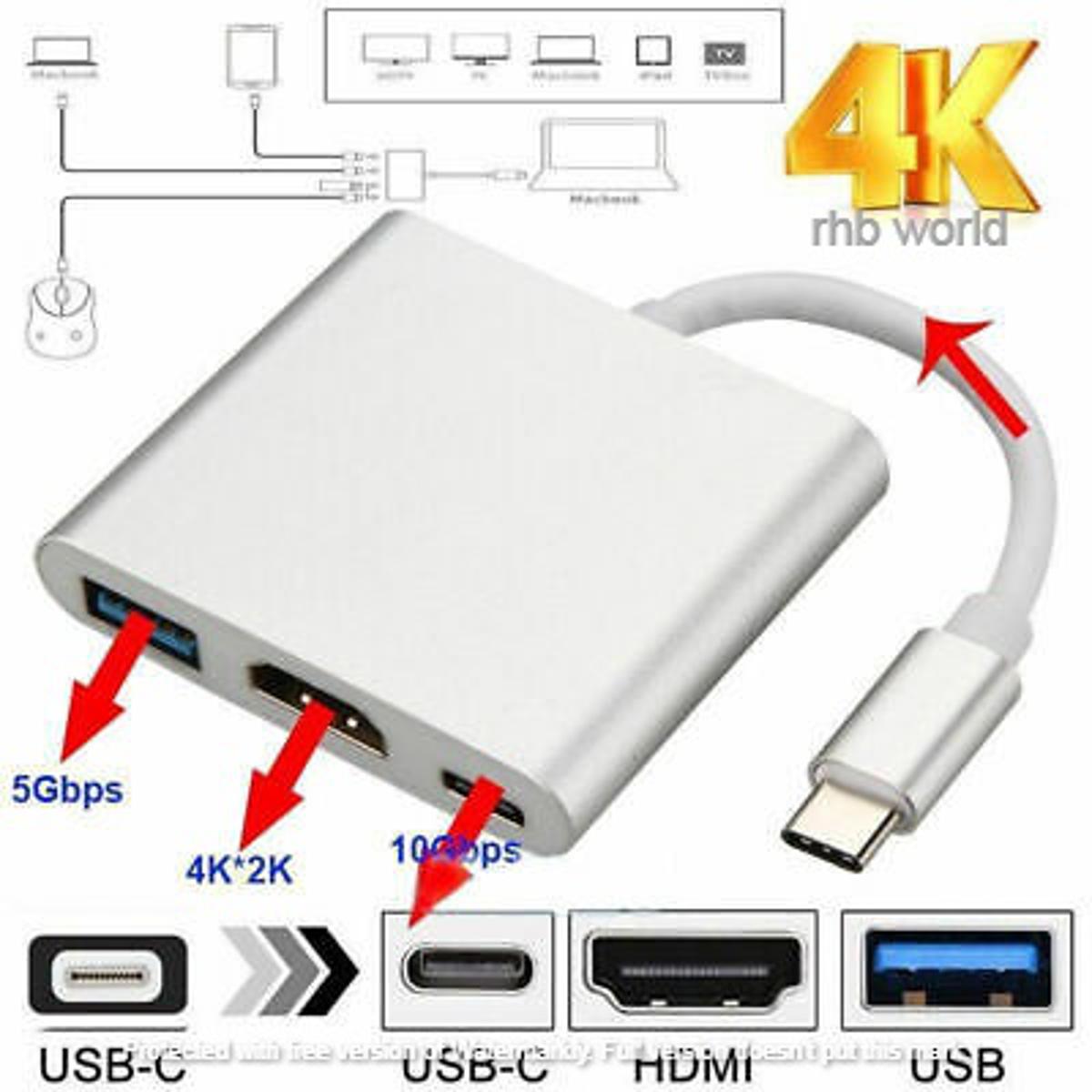 Type C USB 3.1 USB-C 4K HDMI USB 3.0 Adapter Cable 3 in 1 Hub For Mac book Gold