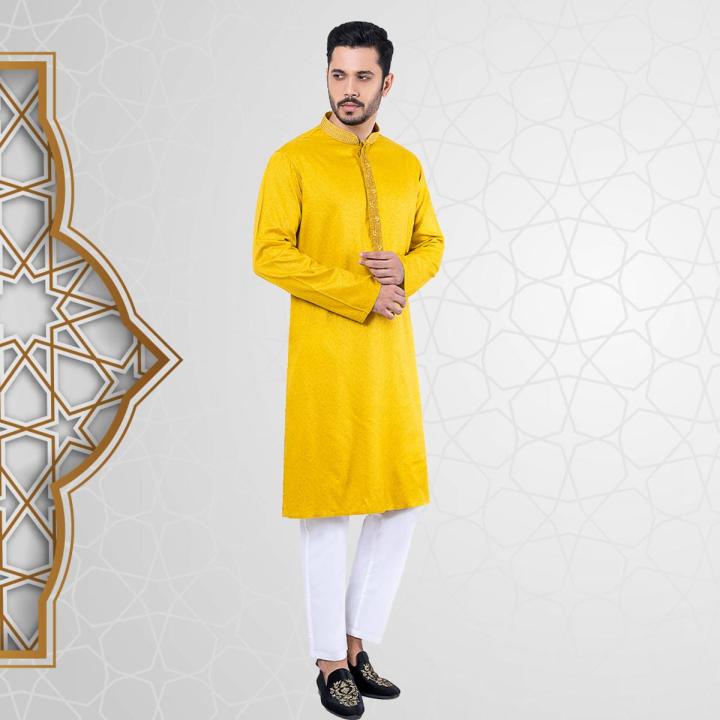 Lubnan Mens Regular Fit Yellow Basonti Color Traditional Panjabi For Men