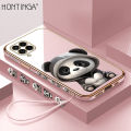 Hontinga for Samsung Galaxy M53 5G Back Cover With Free Strap Luxury 6D Plating Cute Panda Side Pattern Case Soft Silicone Square Mobile Cover.
