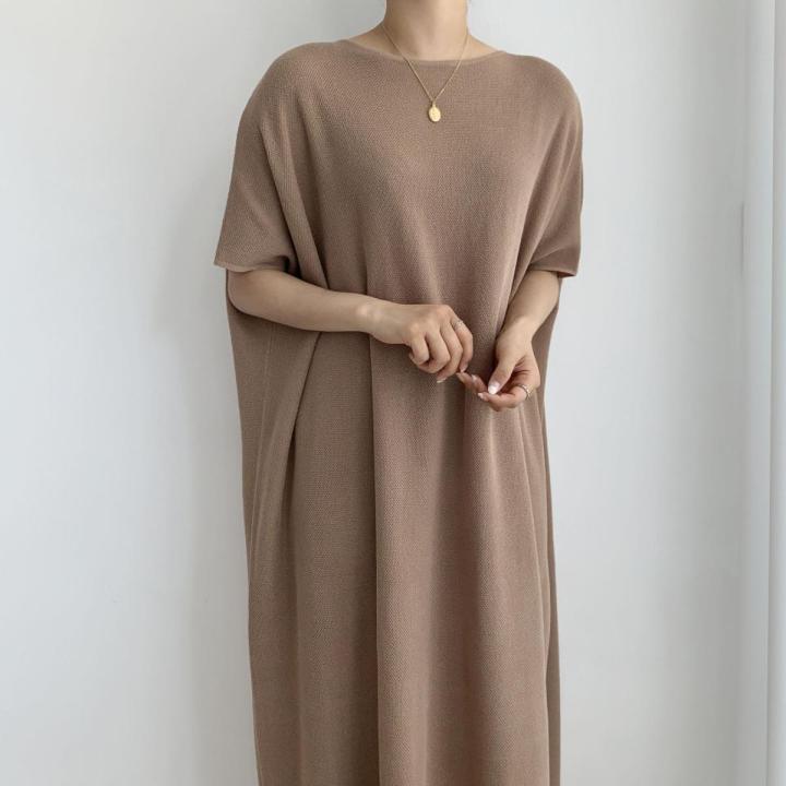 Women Summer Casual Oversized Straight Long Dress Batwing Sleeve Round Collar Pullover Solid Color Midi Dresses
