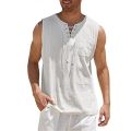 Casual Summer Men Cotton Linen Tank Top Solid Color Sleeveless V Neck Loose Bandage Pocket Vest Tops Men'S Blouse Shirt Clothing.