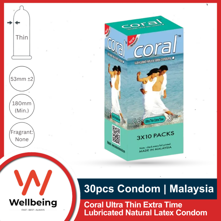 Coral Ultra Thin Extra Time Lubricated Natural Latex Condom for Men | Full Box 3x10=30pcs | Malaysia