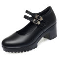 Spring Vintage Soft Leather Mary Jane Women's Platform Shoes 2024 Block High Heel Comfort Office Model Mom Single Shoes. 