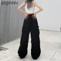Drawstring Pocket Cargo Pants Women Summer Casual Y2K Wide Leg Joggers Streetwear High Waist Sweatpants Korean Baggy Trousers.