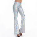 PU Leather Metallic Pants Shiny Holographic Flare Pants Women Girls Bodycon Elastic Waist Bell Bottom Trousers Clubwear. 