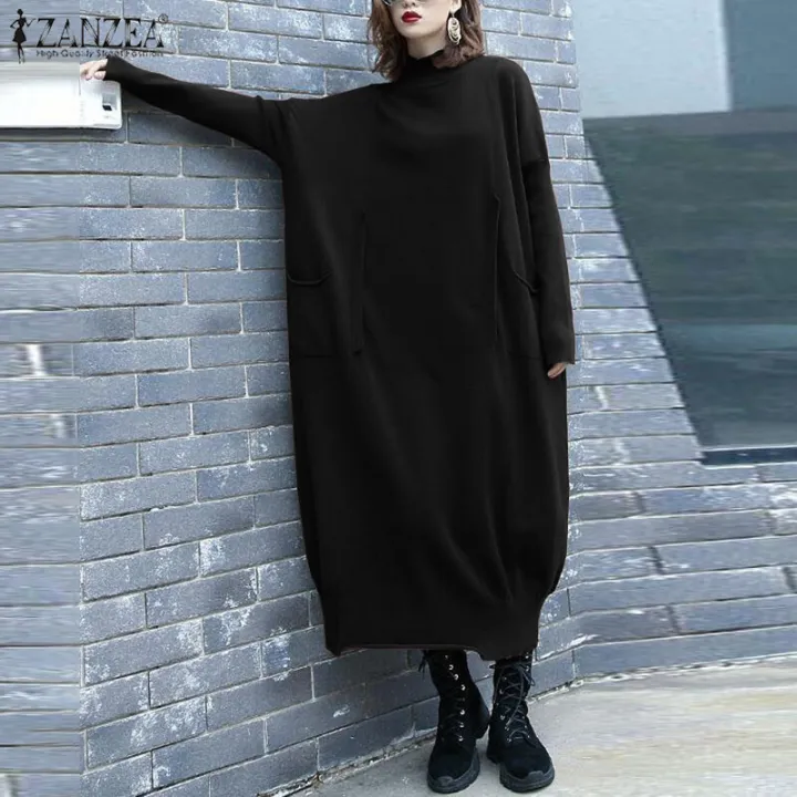 ZANZEA%20Womens%20Long%20Sleeve%20Mock%20Neck%20Casual%20Loose%20Midi%20Dress%20Kaftan%20Baggy%20Dresses%20#8%20-%20Image%203
