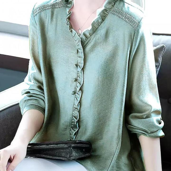 Solid%20Oversize%20M-4XL%20Women%20Shirts%20Ruffles%20V%20Neck%20Loose%20Blouse%20Women%20Elegant%20Long%20Sleeves%20Shirt%20Office%20Ladies%20Chic%20Tops%20Summer%20-%20Image%204