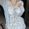 【Two-Piece Set】Summer Korean Style High-Grade Sweet Tie-Neck Strap Floral Dress for Women+All-Match Cardigan Fashion.