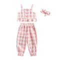 3 Pcs Infant Plaid Outfits, Girls Ruffled Boat Neck Tank Tops + Trousers with Pocket + Headband. 