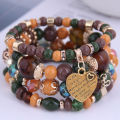4pcs/set Bohemia style resin beads crystal stone heart charm elastic multilayer wrap bracelet for women jewelry.