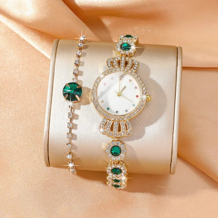 Fashion%202pcs%20Women's%20Quartz%20Watches%20and%20Bracelet%20Matching%20Stainless%20Steel%20Waterproof%20Diamond%20Inlaid%20Ladies%20Wristwatch%20Spiral%20Crown%20Girl's%20Needle%20Buckle%20Watch%20-%20Image%202