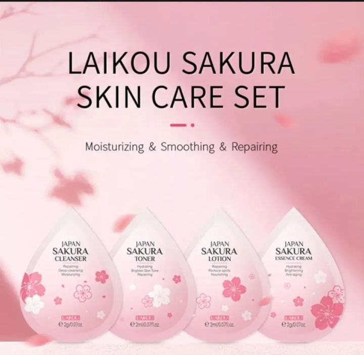 LAIKOU%20Japan%20Sakura%20Skin%20Care%20Mini%204%20Pcs%20Set%20(Face%20Cleanser%20/Toner/%20Lotion/%20Essence%20Cream)-2gm/Each%20-%20Image%202