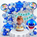Cartoon Shark Theme Birthday Decoration Combo Pack – With Card Banner, Foil Backdrop Curtain, HQ Balloons, Deco Kit & More- Full Package- (Pack of 95 Pcs). 