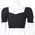 Women Solid Color Crop Top, Puff Sleeves Square Collar Pullover Vintage Style Clothes. 