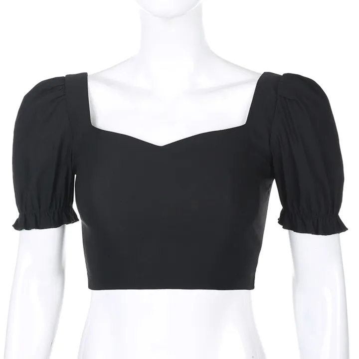 Women%20Solid%20Color%20Crop%20Top,%20Puff%20Sleeves%20Square%20Collar%20Pullover%20Vintage%20Style%20Clothes%20-%20Image%204